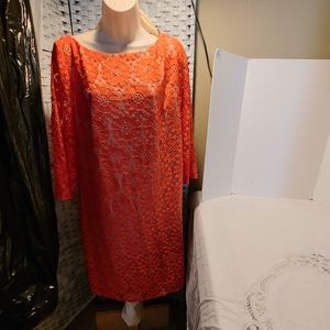J Howard Orange Dress Lace Overlay Size 16 3/4 Inch Sleeve Zip Back